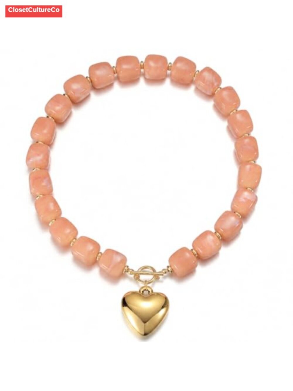 Chunky Resin Beaded Necklace with Puff Heart Pendant Toggle Clasp for Women